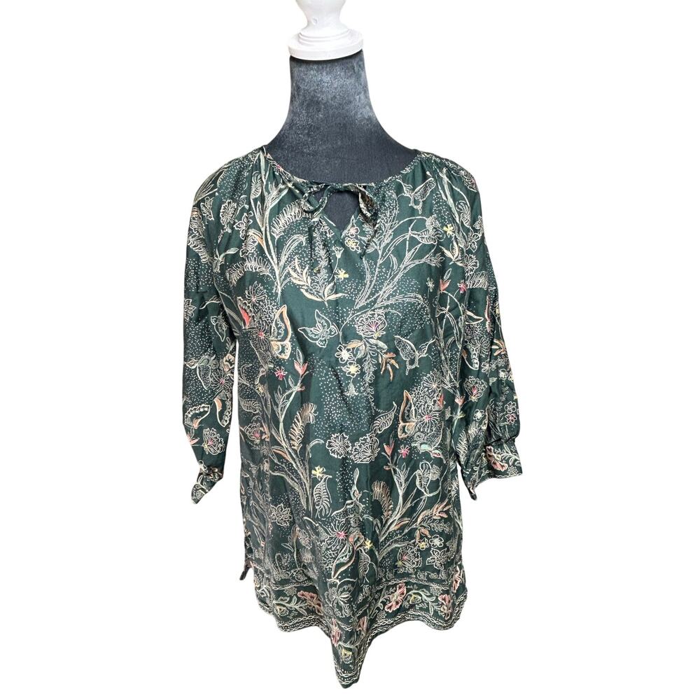 Cotton Blouse- Deep Green Pattern - 3/4 th sleeve size Fairy - front tie